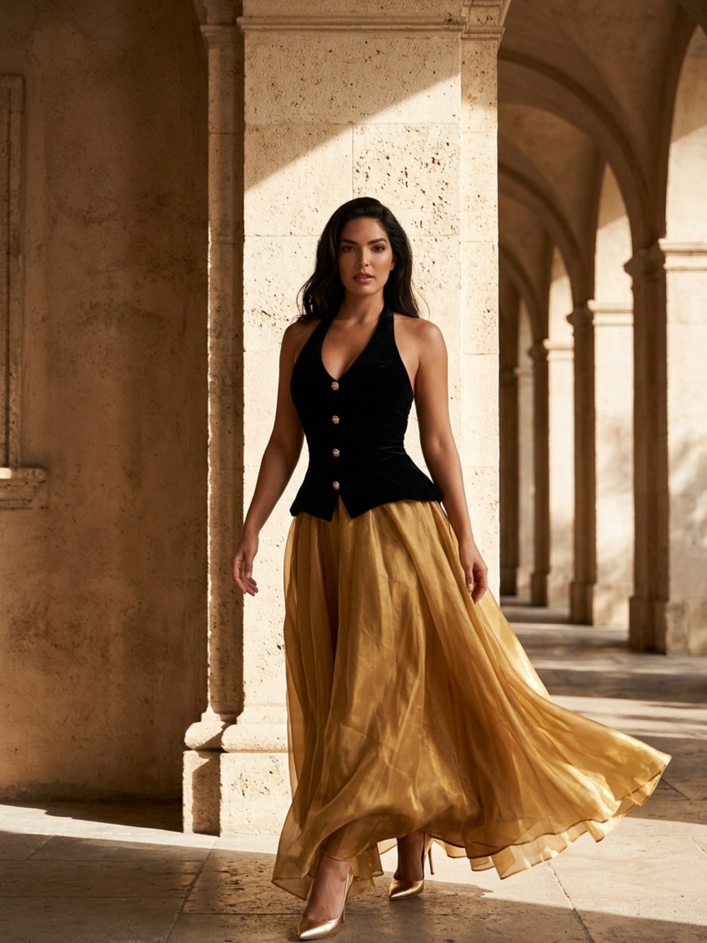 Dave & Johnny Black Halter Velvet Bodice with Gold Maxi Skirt
